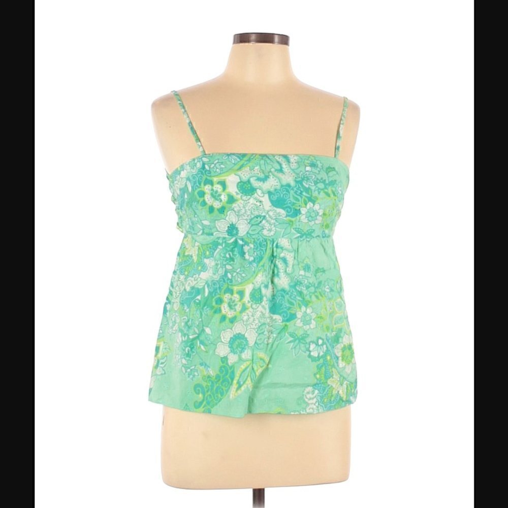 INC Tank Top 10P Y2K Babydoll Empire Waist Open Tie Back Eyelet Green Printed